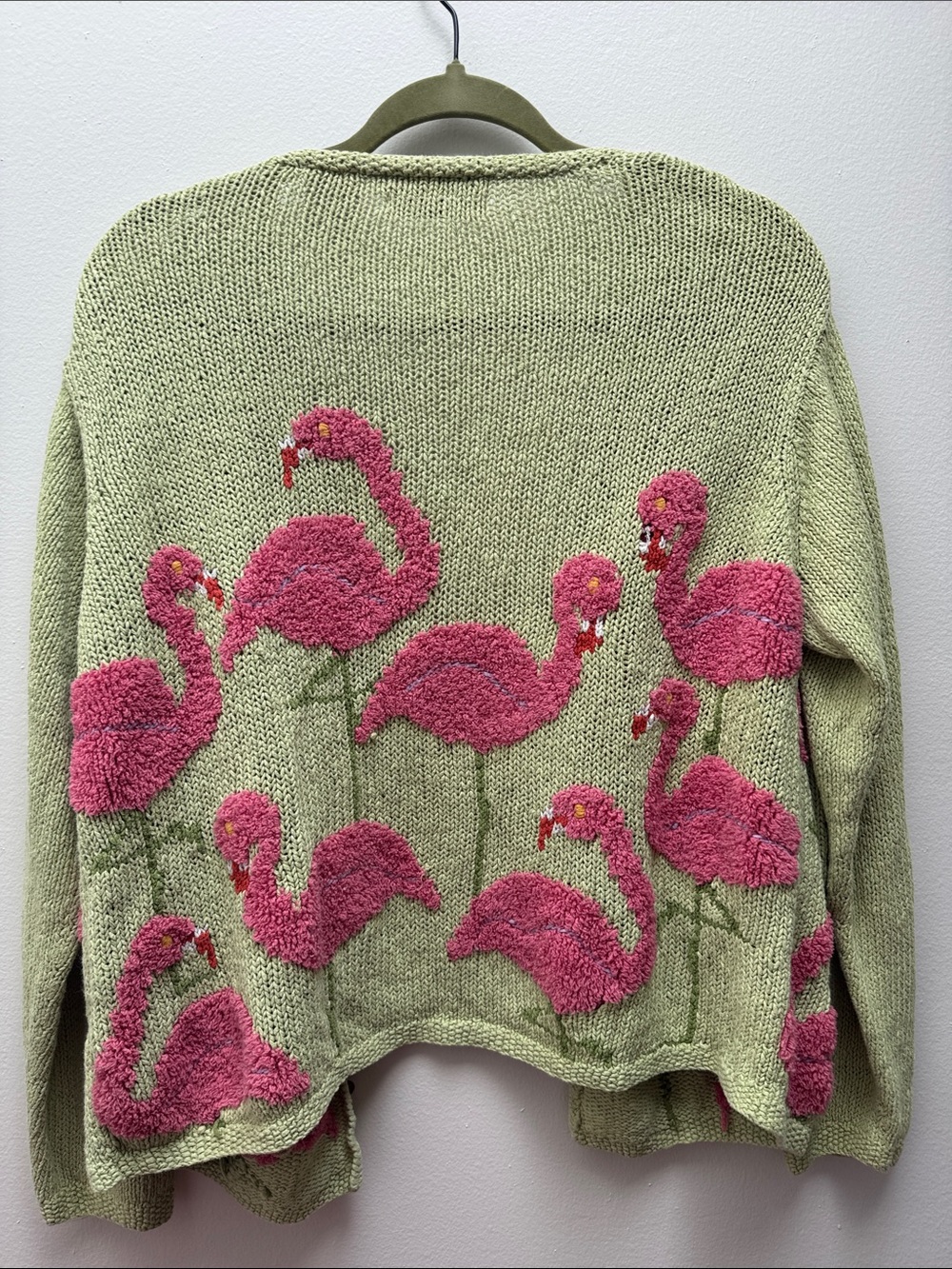 VTG Knit by Hand David Brooks Fuzzy Flamingo Linen Blend Cardigan Sz XL Beachy - Picture 5 of 6
